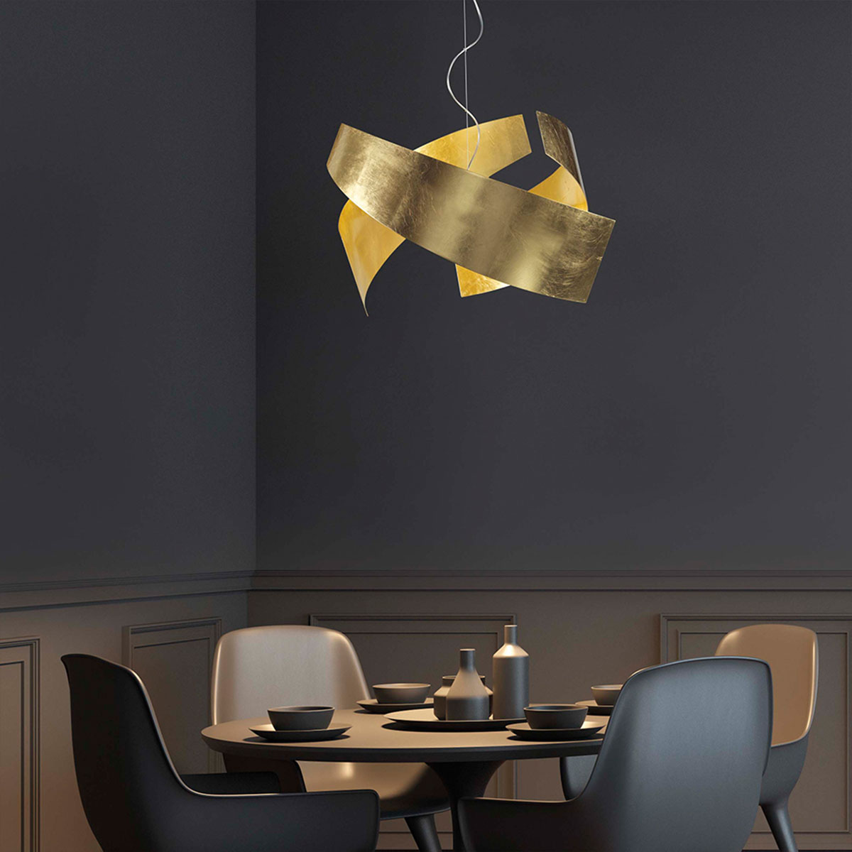 Ella S65 Pendelleuchte, Ø: 65 cm, H: 40 cm, Weiß Ella S65 Pendelleuchte, Ø: 65 cm, H: 40 cm, Schwarz & Goldfarbe