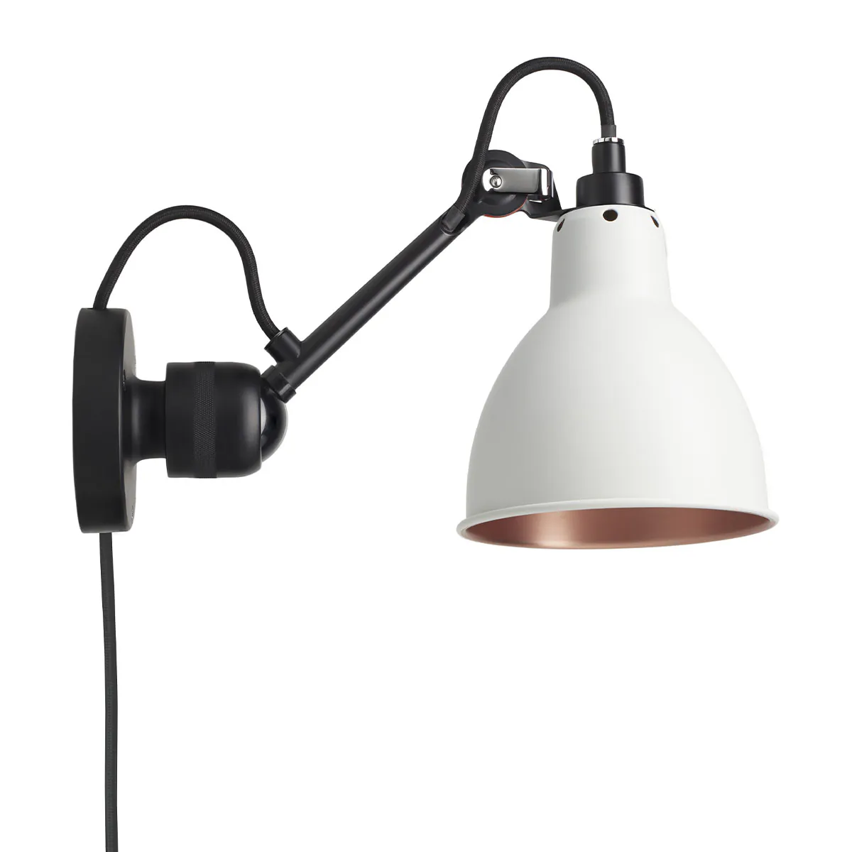 Lampe Gras N° 304 CA Wandleuchte, T: 15 cm Schwarz, Schirm Weiß & Kupfer Rund in Schwarz Weiß – hochwertige Designerleuchte von DCW Editions für den Flur