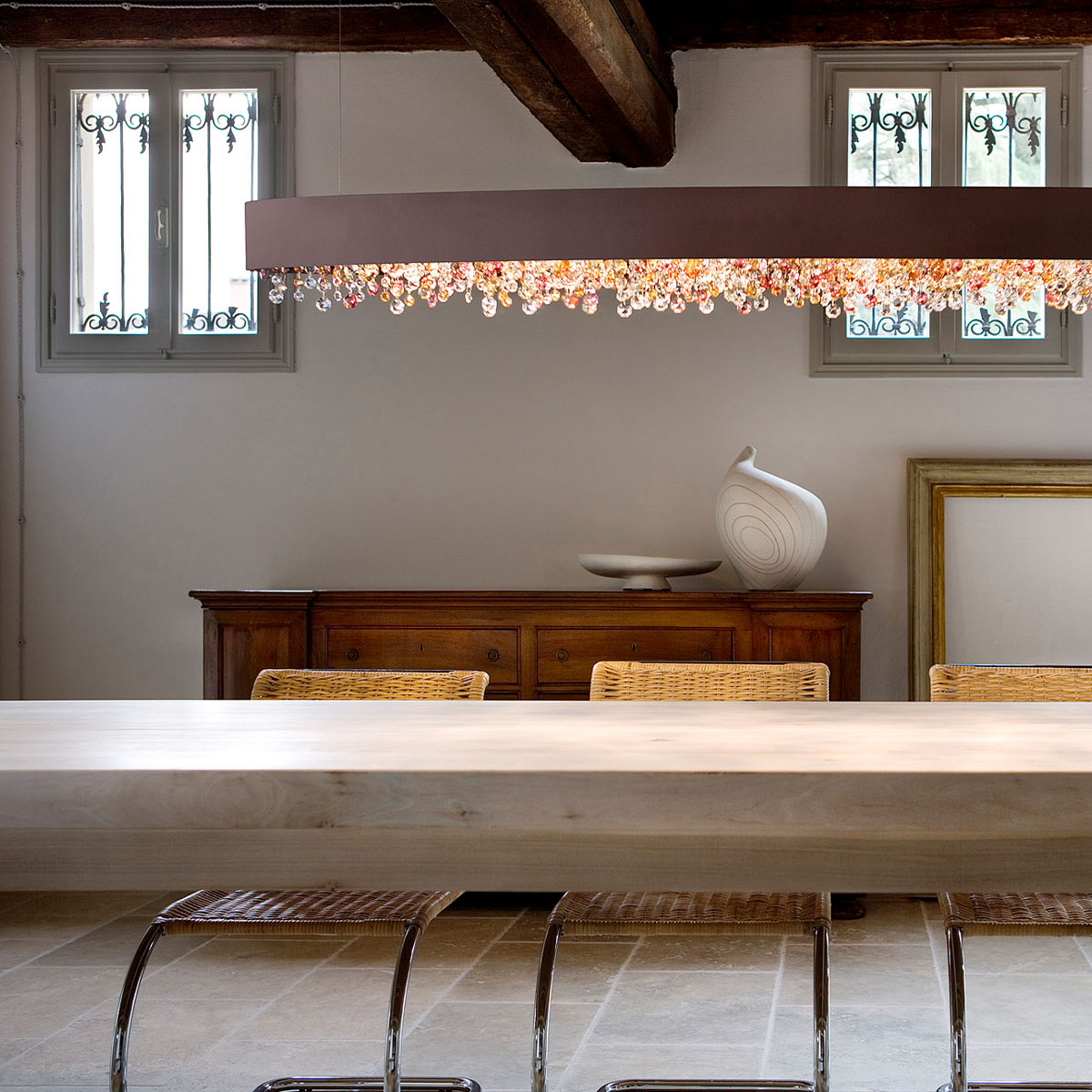 Olà S1 OV 30 Pendelleuchte, Gold brüniert, L: 30 cm, Retrofit Olà S8 OV 210 Pendelleuchte, Weiß matt, L: 210 cm, LED-Modul