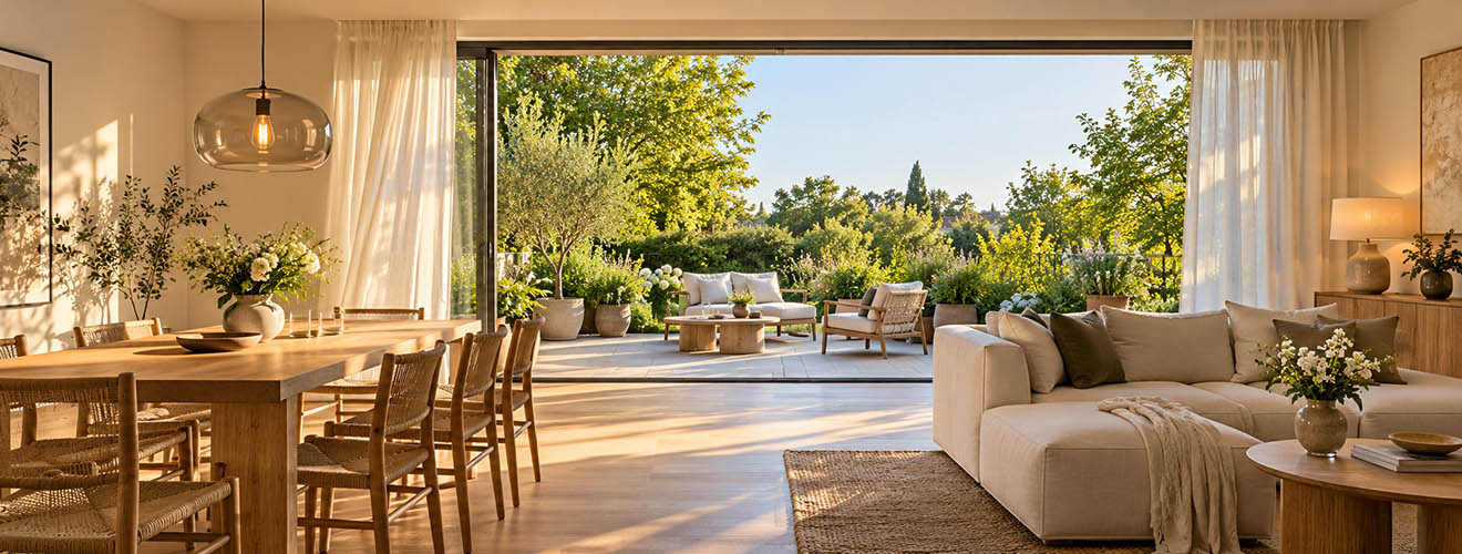 Sommerlicher Wohn- und Essbereich mit Designleuchten und Blick auf die Gartenterrasse