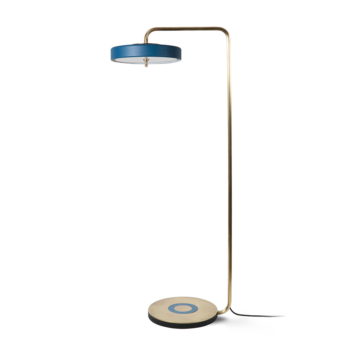 goldfarbene Oberfläche und metallische Oberfläche und Polycarbonat Leuchte von Bert Frank – Revolve Standlampe, H: 140 cm, Blau, Messing gebürstet, luxuriöses Statement-Design, blendfreies Licht gebürstetes Messing und Aluminium und Polycarbonat Leuchte von Bert Frank – Revolve Stehleuchte, H: 140 cm, Blau, Messing poliert, geometrische Formen, gleichmäßige Beleuchtung