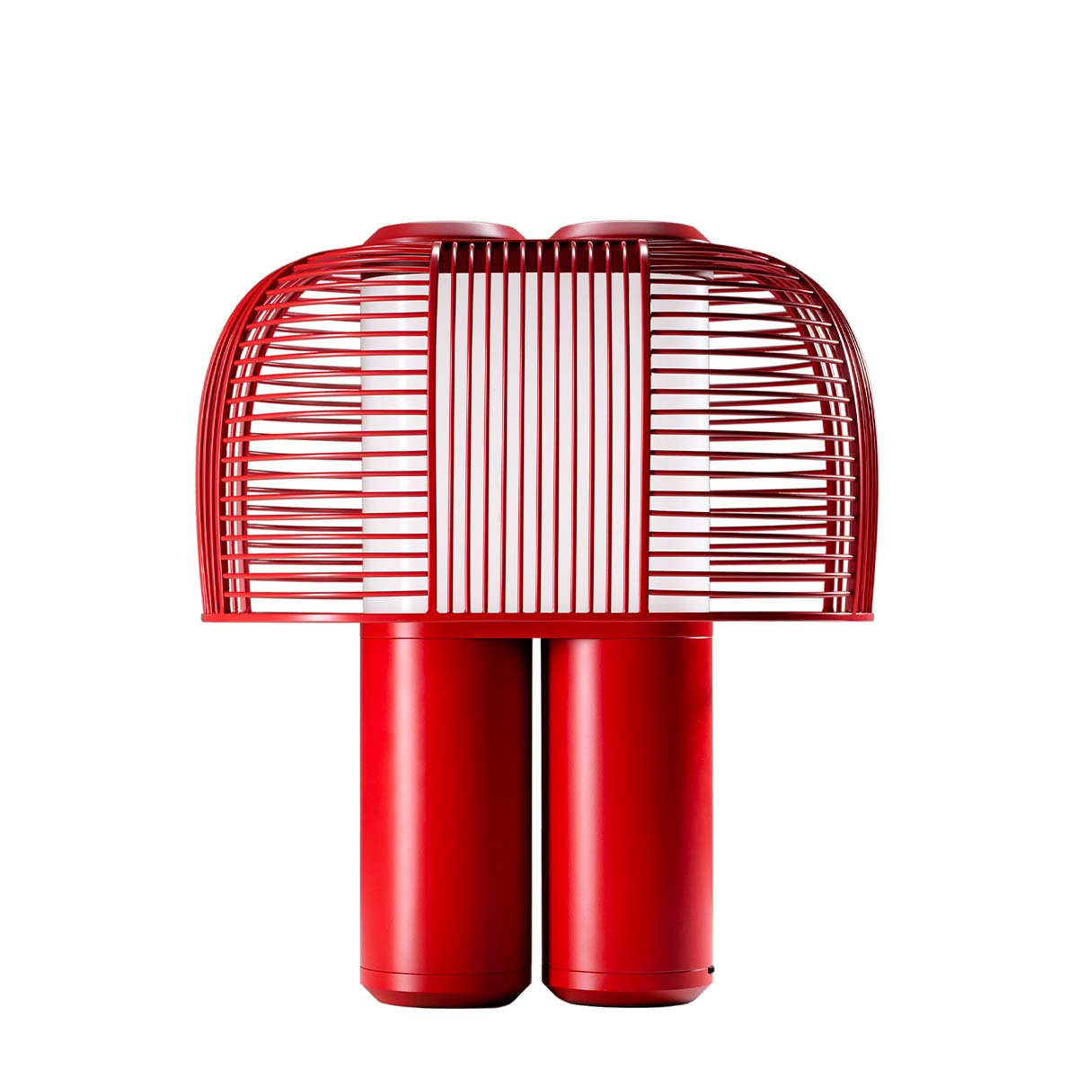 DCW_Yasuke_Tischleuchte_red_red Yasuke-Tischleuchte von DCW éditions mit rotem Gitterschirm und rotem Doppelfuß vor weißem Hintergrund.