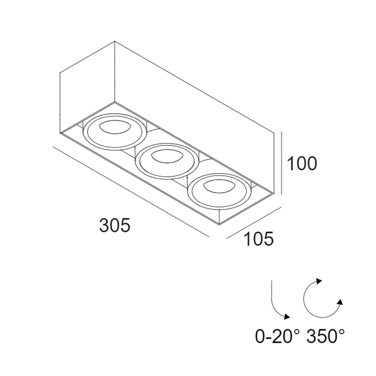 DeltaLight MINIGRID ON 350 92733 DIM8 Aufbaustrahler, L: 30,5 cm, B: 10,5 cm Schwarz, Extra-Warmweiß 2700K, 33° Aufbaustrahler – technische Zeichnung