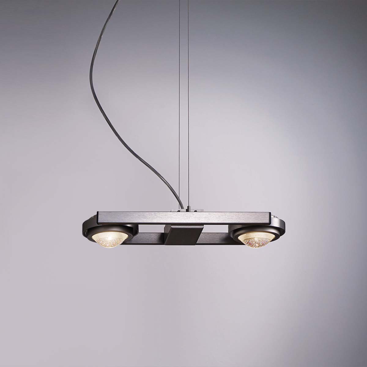 Licht im Raum Ocular 2 Moderne und längliche Pendelleuchte gebürstet mit zwei Linsen Licht im Raum Ocular 2 Moderne und längliche Pendelleuchte gebürstet mit zwei Linsen