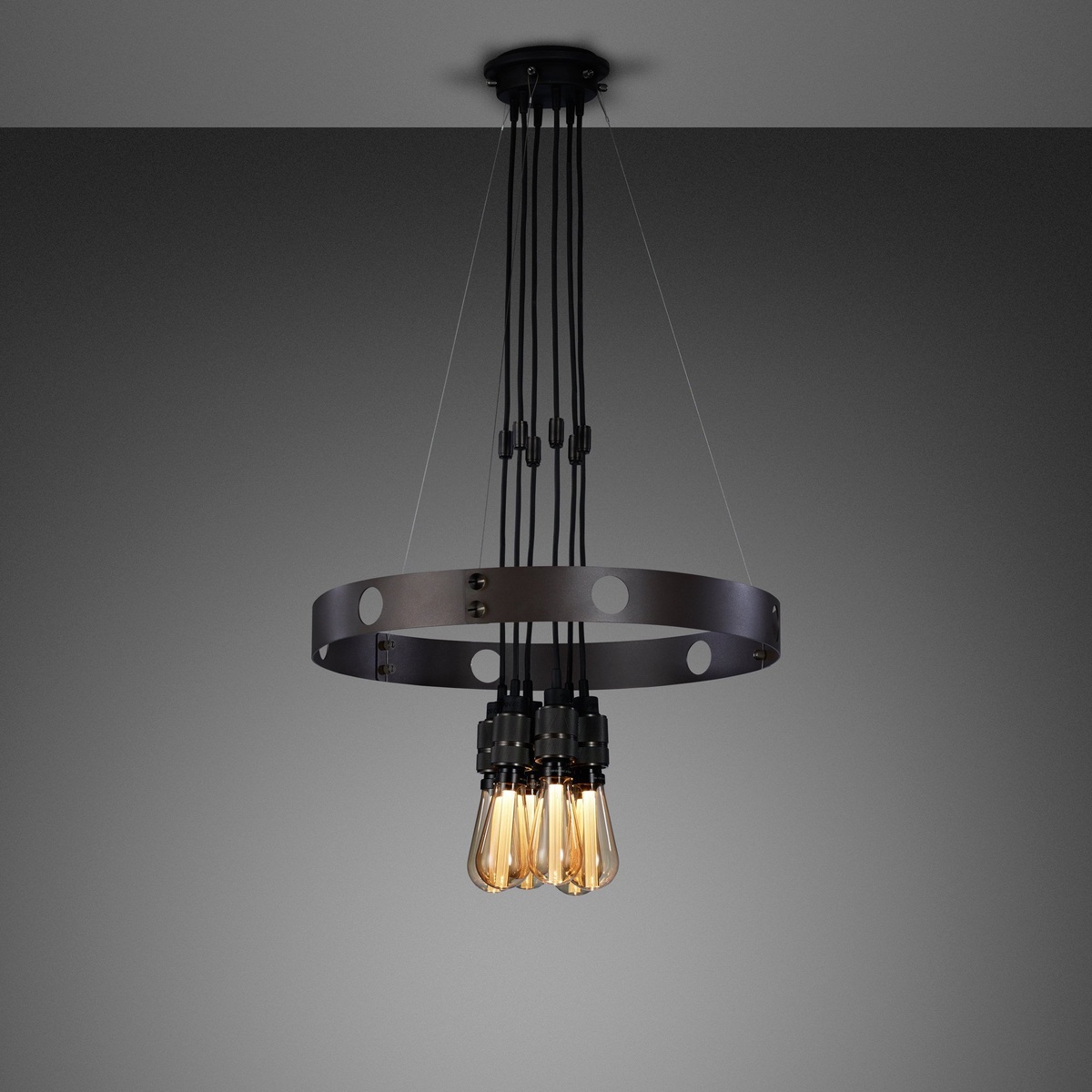 buster-punch-hero-light-buster-punch-graphite-ring-smoked-bronze-detail-ring-gold Buster + Punch Hero Light Ring-Pendelleuchte 6-flammig Ø 80 cm, Graphit, Smoked Bronze
