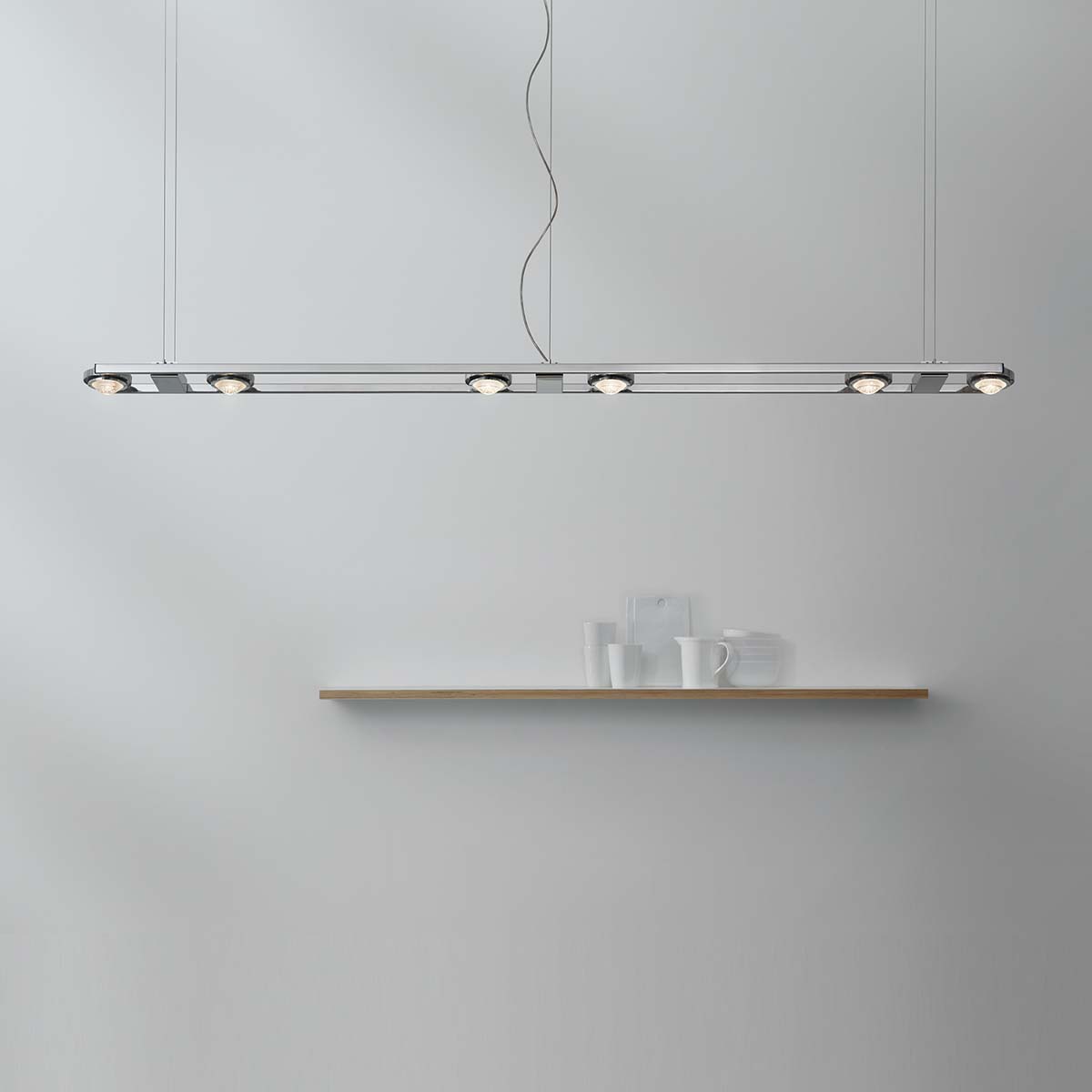 Ocular 6 Pendelleuchte, L: 236 cm, B:21 cm, Handpoliert Moderne und längliche Pendelleuchte handpoliert mit sechs Linsen