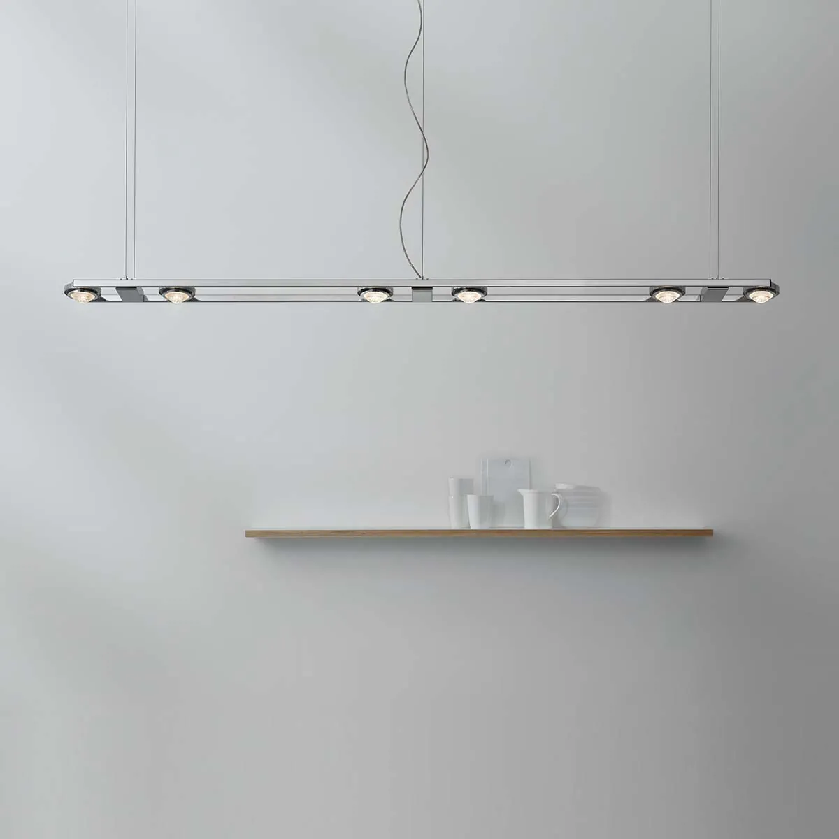 Moderne und längliche Pendelleuchte handpoliert mit sechs Linsen