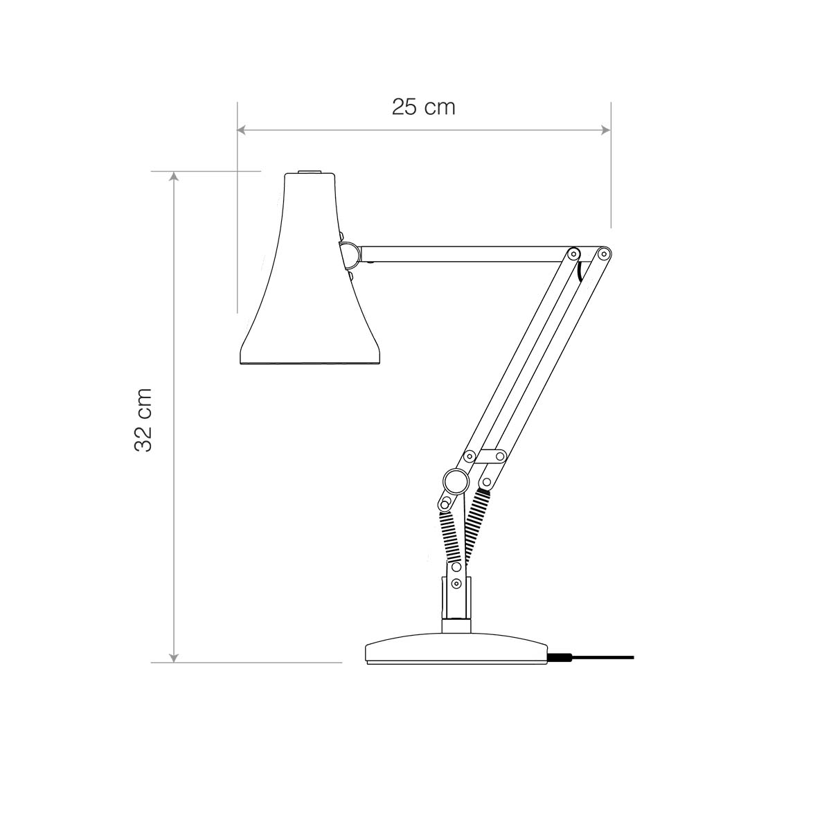 Technische Zeichnung einer verstellbaren Tischleuchte mit Maßangaben, modernes Lampendesign mit 32 cm Höhe und 25 cm Ausladung