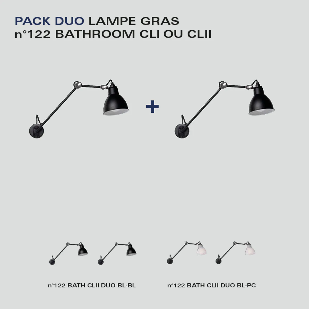Spezial Angebot Pack Duo Lampe Gras N° 122 Bathroom IP44 Wandleuchte Schwarz, Schirm Schwarz – zeitlose Designerlampe aus dem Hause DCW Editions ideal im Schlafzimmer auch für Badezimmer geeignet