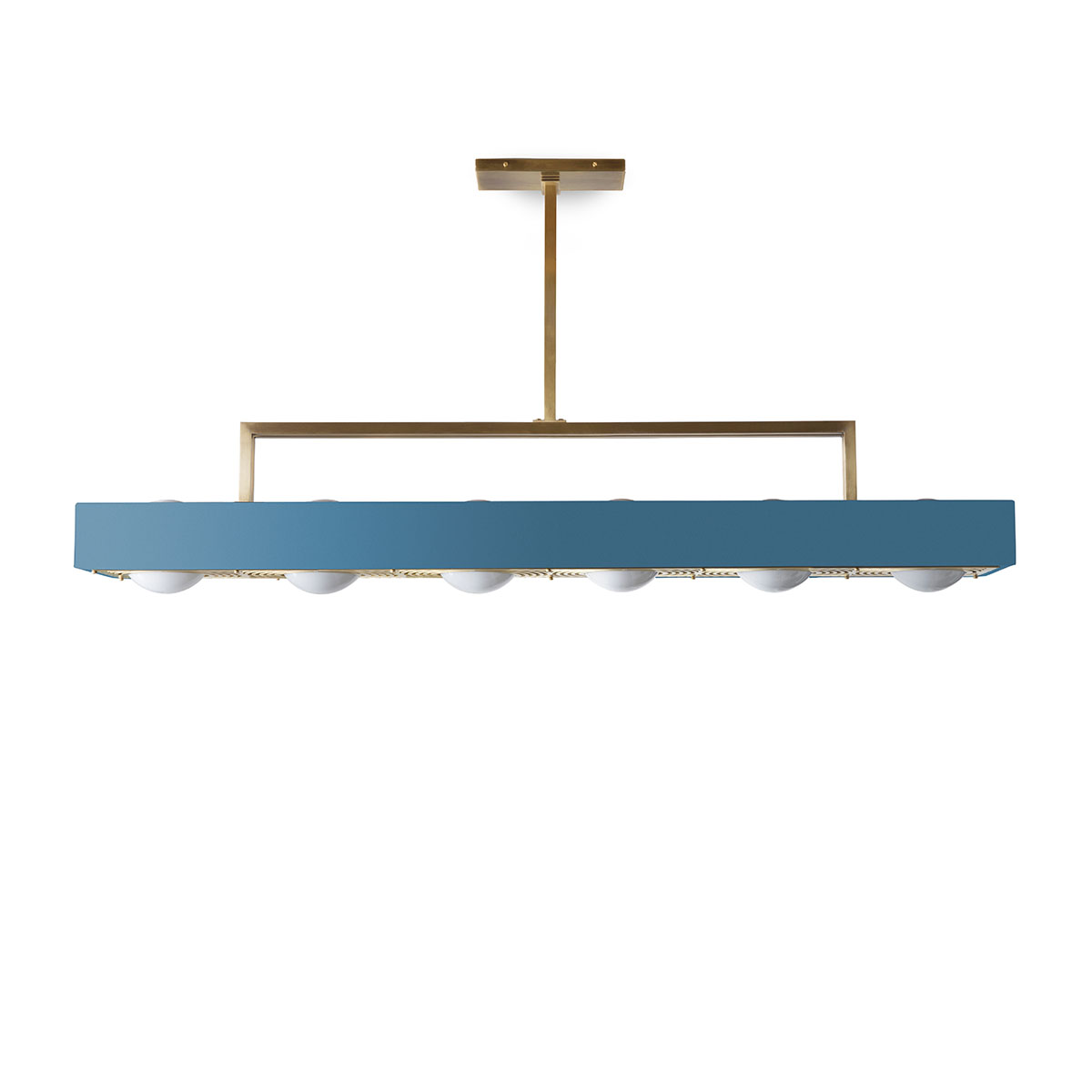 poliertes Messing und metallische Oberfläche und Glas Leuchte von Bert Frank – Kernel Pendelleuchte, Blau, 6-flammig, Art Déco inspiriert, atmosphärisches Licht