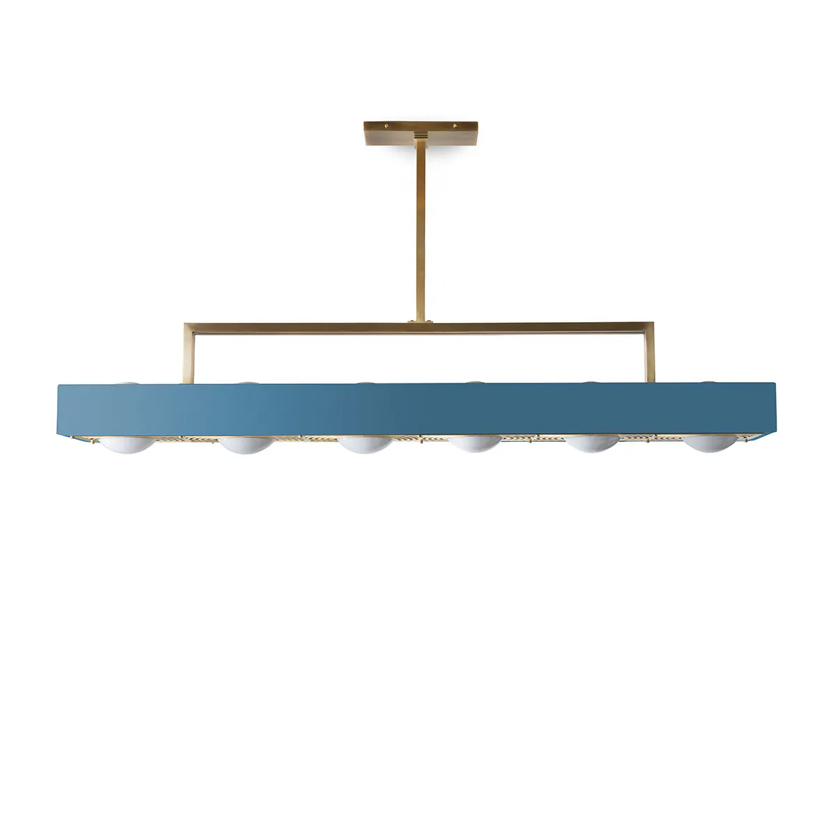 poliertes Messing und metallische Oberfläche und Glas Leuchte von Bert Frank – Kernel Pendelleuchte, Blau, 6-flammig, Art Déco inspiriert, atmosphärisches Licht