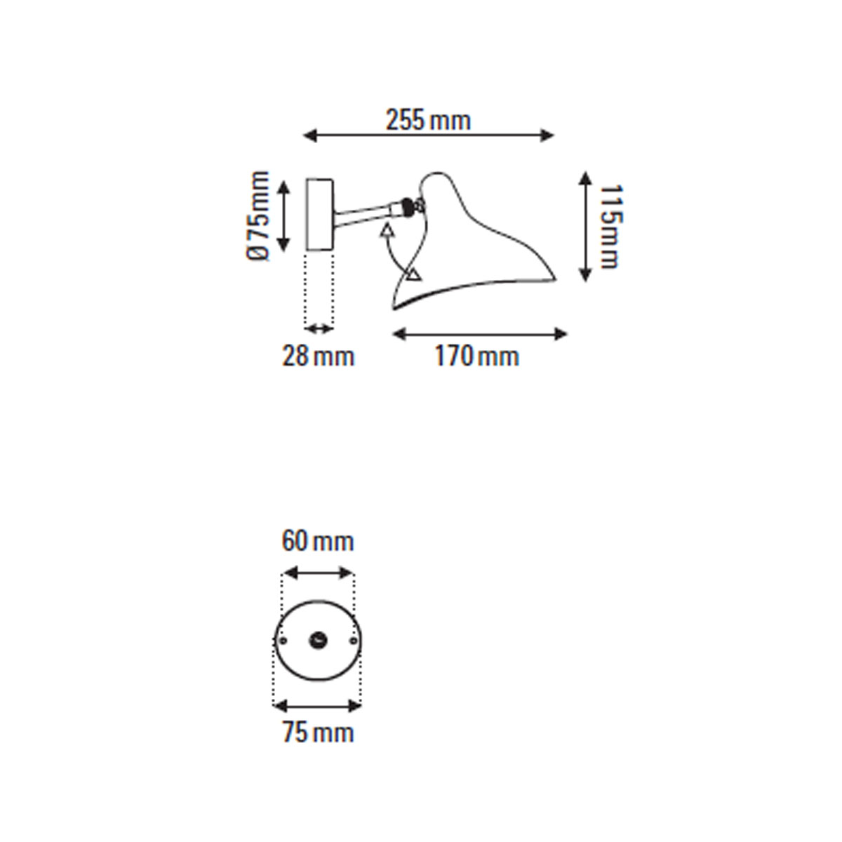 Technische Zeichnung DCW Editions Mantis BS5 Mini Wandleuchte T: 25,5 cm Technische Zeichnung DCW Editions Mantis BS5 Mini Wandleuchte T: 25,5 cm