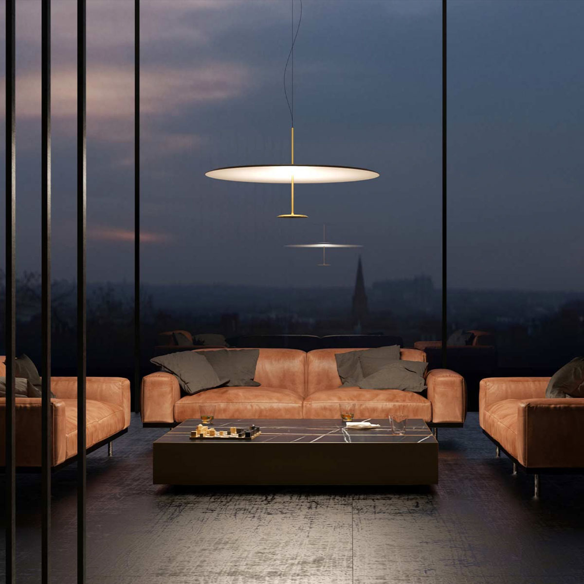 Dot 800 Pendelleuchte, Ø: 80 cm, Schwarz eloxiert, Warmweiß 3000K, 1-10V, DALI Dot 800 Pendelleuchte, Ø: 80 cm, Messing eloxiert, Extra-Warmweiß 2700K, Phase Cut