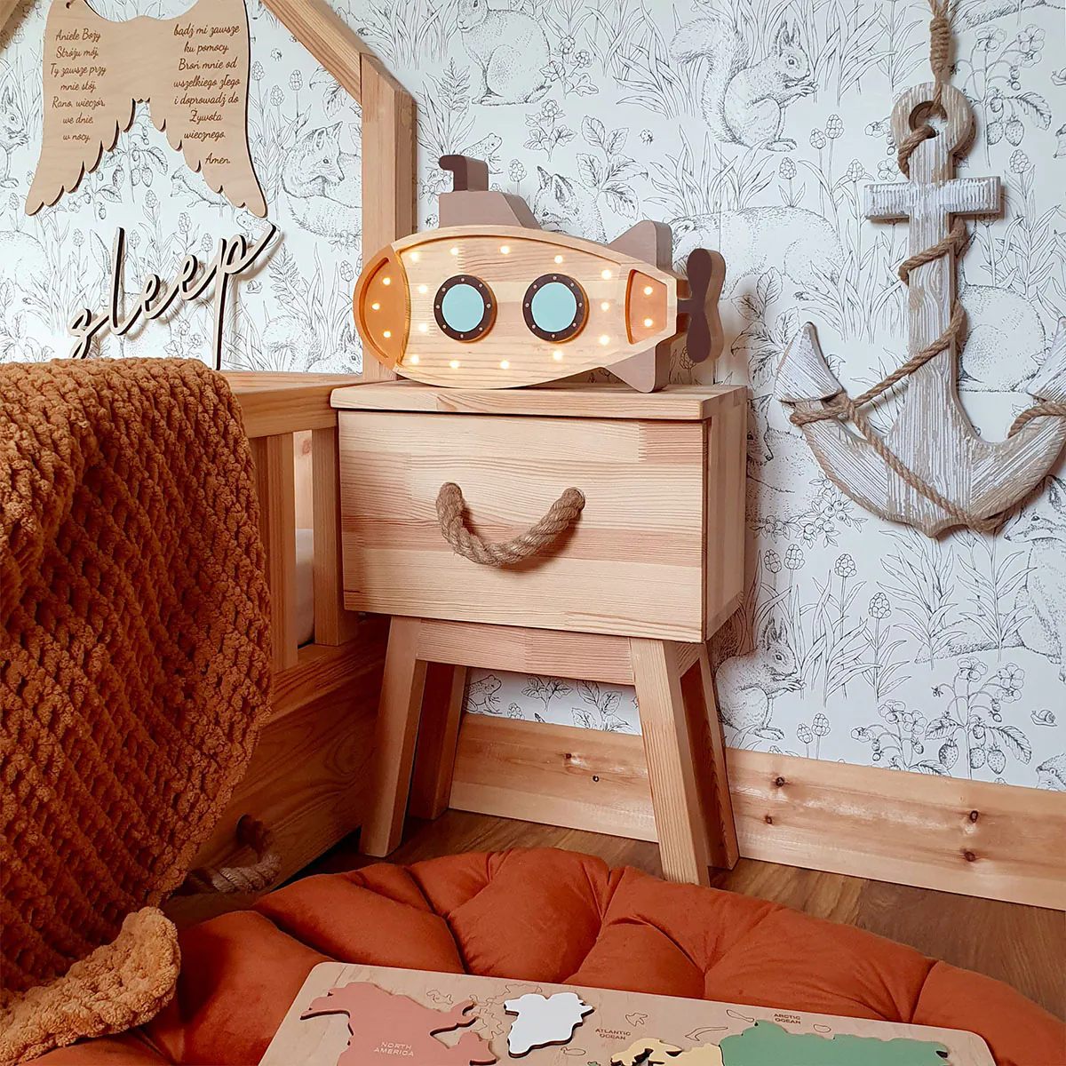 Kinder Nachtlicht U-Boot, Holz, orange, handgemacht