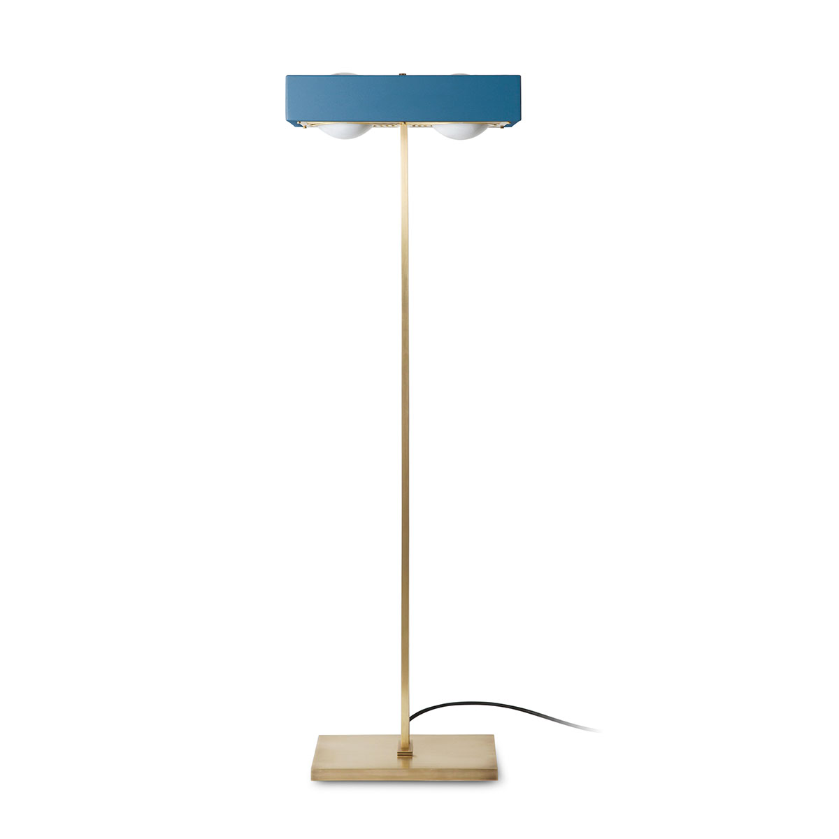 Perfekt für Wohnzimmer oder Leseecke: Bert Frank Kernel Standlampe, H: 125 cm, 2-flammig, Blau aus goldfarbene Oberfläche und Aluminium und Glas – sanftes Licht