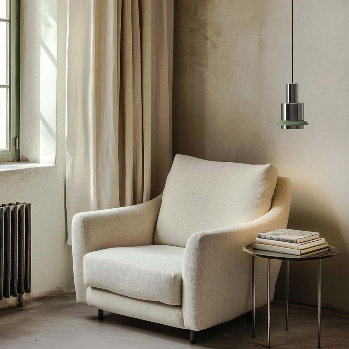 DCW Editions Chaumont 190 in Weiß/Nickel als Cluster – mehrere Leuchten gruppiert über rundem Holztisch, harmonisches Lichtkonzept in modernem Raum mit roten Vorhängen