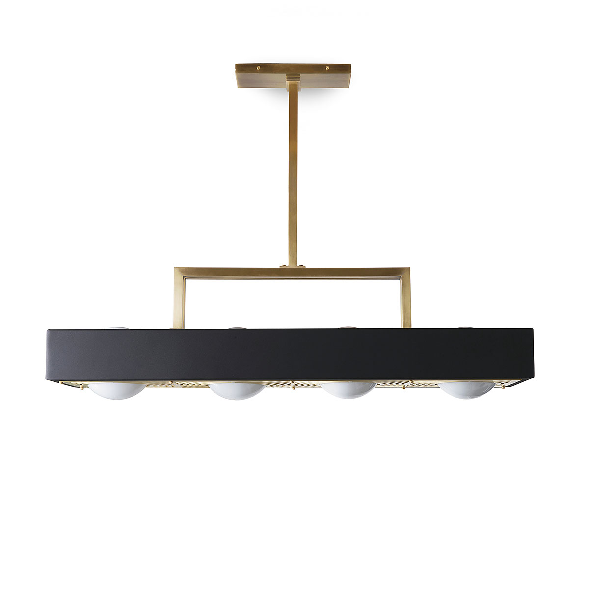 gebürstetes Messing und metallische Oberfläche und Glas Leuchte von Bert Frank – Kernel Hängeleuchte, Schwarz, 4-flammig, luxuriöses Statement-Design, sanftes Licht