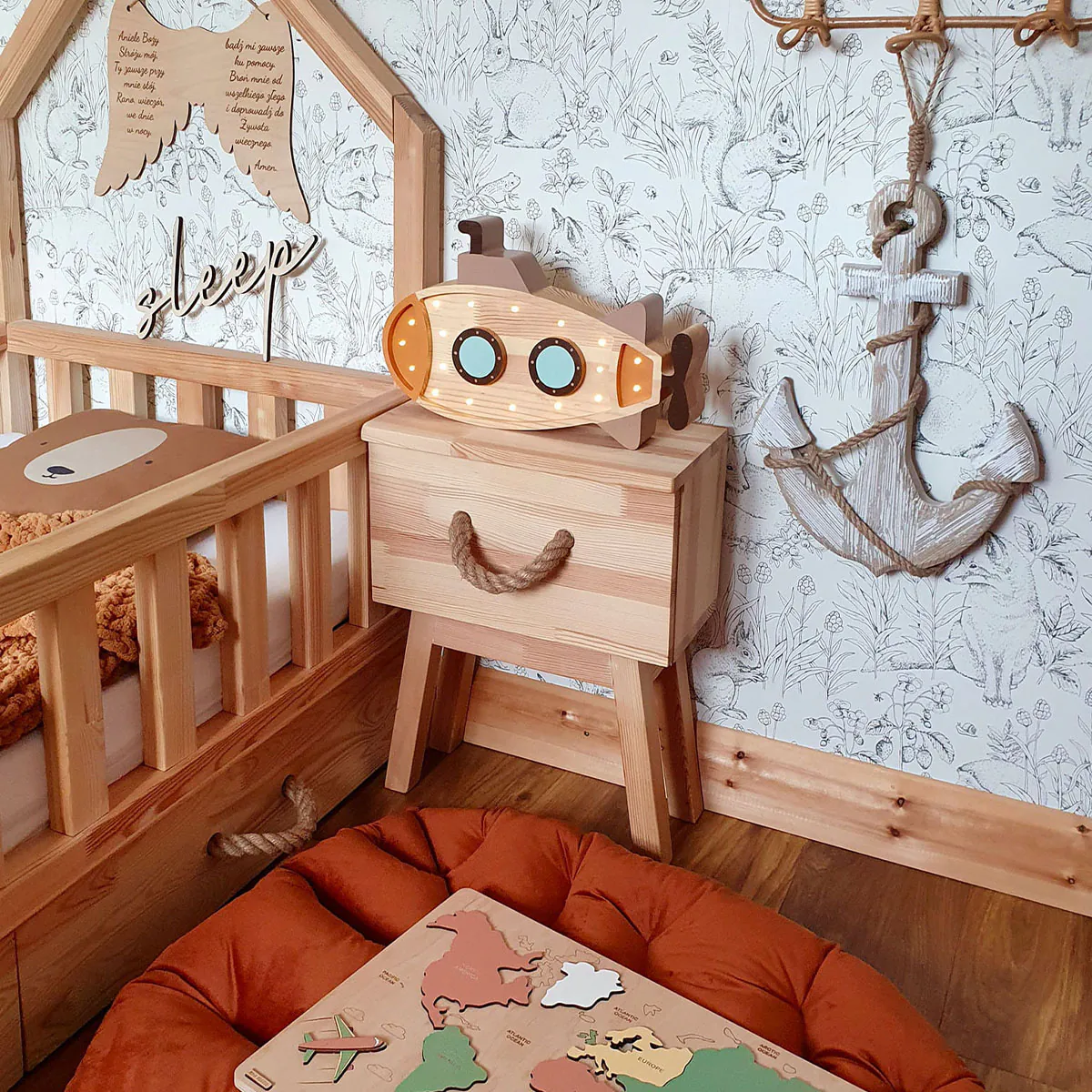 Kinder Nachtlicht U-Boot, Holz, orange, handgemacht