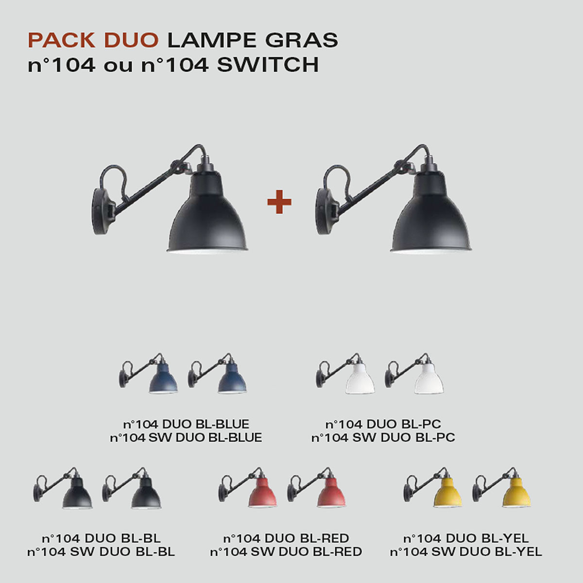 Spezial Angebot Pack Duo Lampe Gras N° 104sw Wandleuchte Schwarz, Schirm Rot mit Schalter