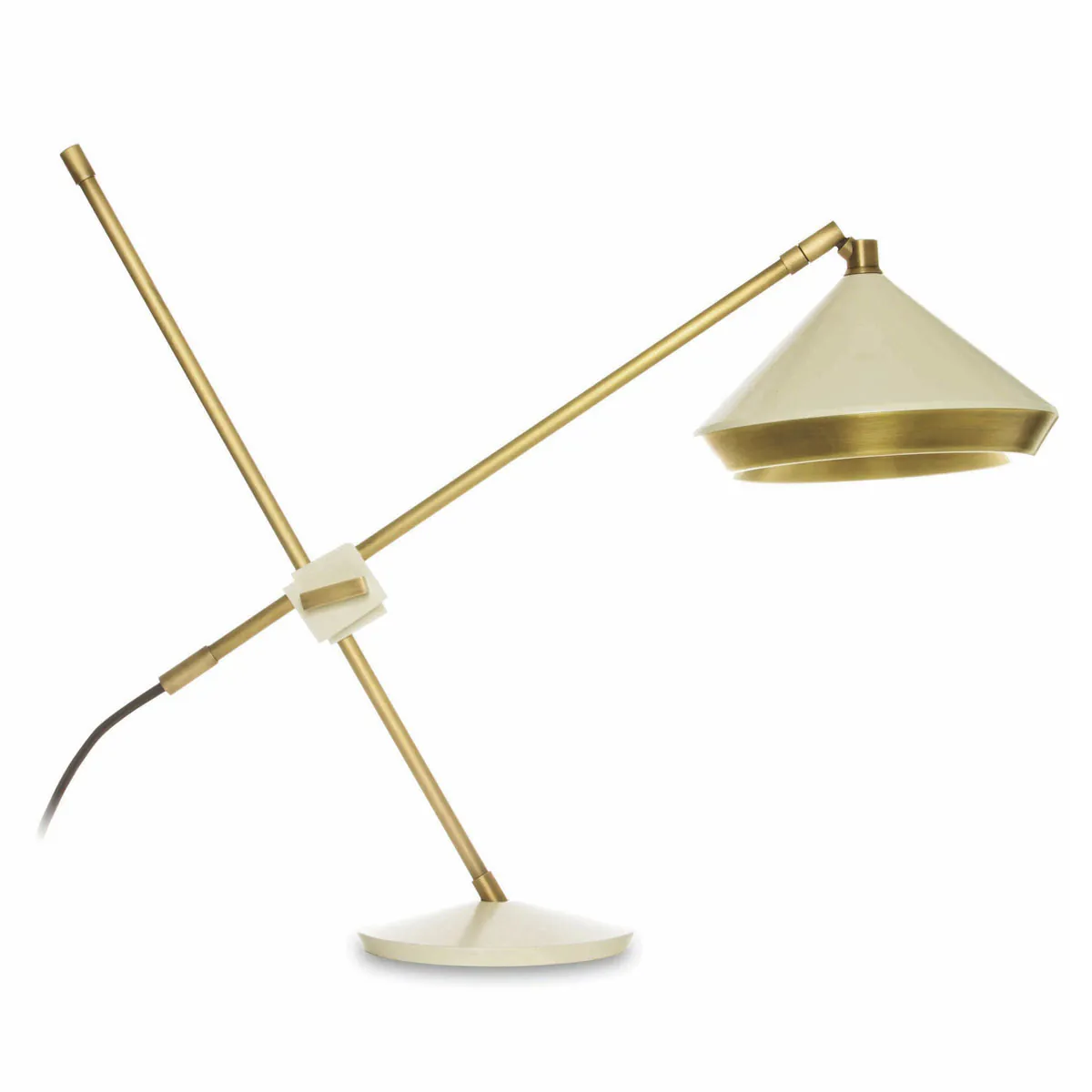 Bert Frank Shear Tischleuchte, H: 47 cm, Weiß aus gebürstetes Messing und Aluminium – handgefertigt in Birmingham, gleichmäßige Beleuchtung, Shear-Serie mit geometrischem Luxusdesign