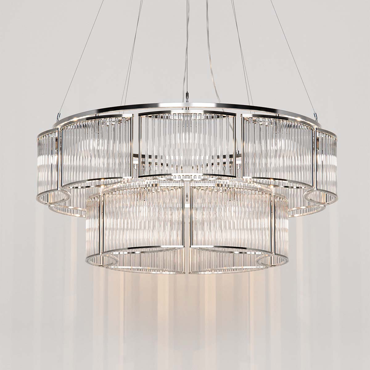 Licht im Raum Stilio 9/6 Kronleuchter, Ø: 100 cm, Glanz vernickelt & handpoliert, Edelstahl und mattem Glas, hochwertige Innenbeleuchtung, sanftes Licht, funkelnde Kristallleuchte, luxuriöses Kristall-Lichtobjekt