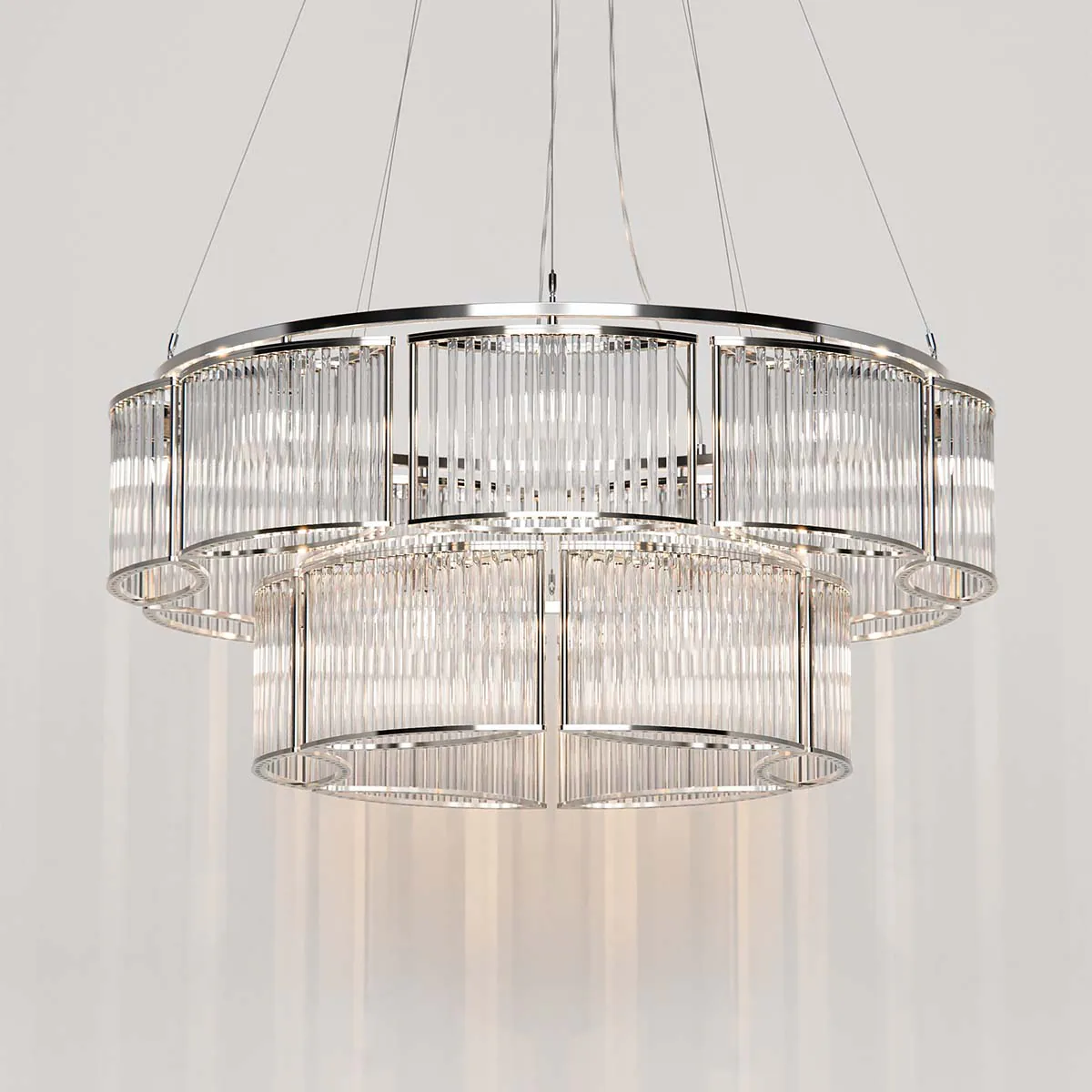 Licht im Raum Stilio 9/6 Kronleuchter, Ø: 100 cm, Glanz vernickelt & handpoliert, Edelstahl und mattem Glas, hochwertige Innenbeleuchtung, sanftes Licht, funkelnde Kristallleuchte, luxuriöses Kristall-Lichtobjekt