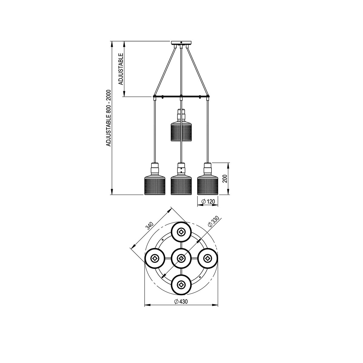 Technische Zeichnung Bert Frank Riddle Cluster Pendelleuchte, 5-flammig, Messing Technische Zeichnung Bert Frank Riddle Cluster Pendelleuchte, 5-flammig, Schwarz