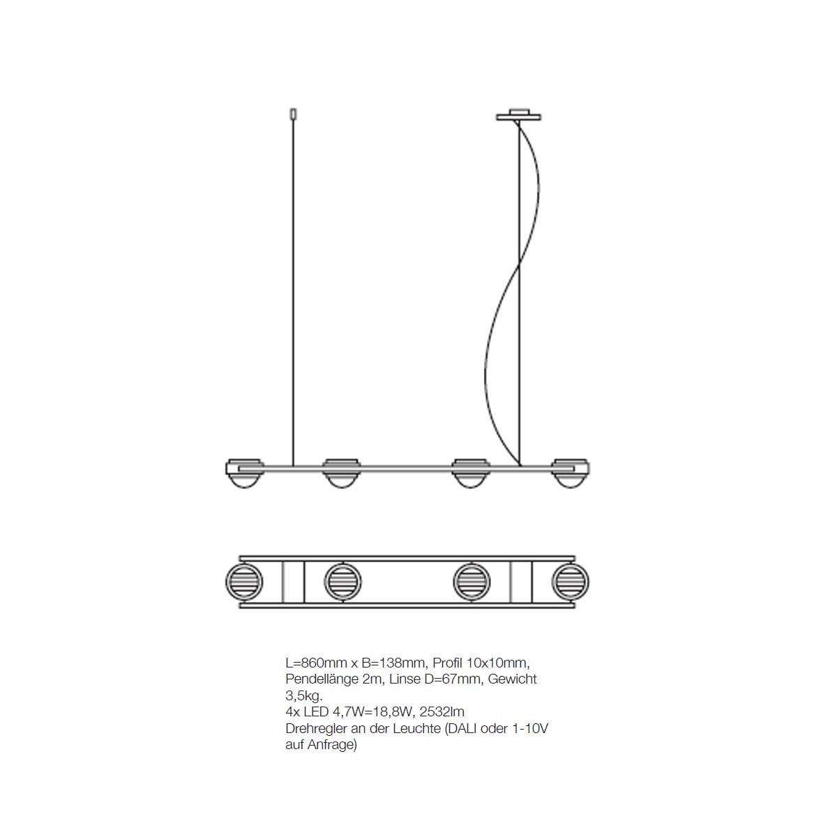 Ocular 4 Pendelleuchte, L: 86 cm, B:13,8 cm, Gebürstet Ocular 4 Pendelleuchte, L: 86 cm, B:13,8 cm, Schwarz & Gold