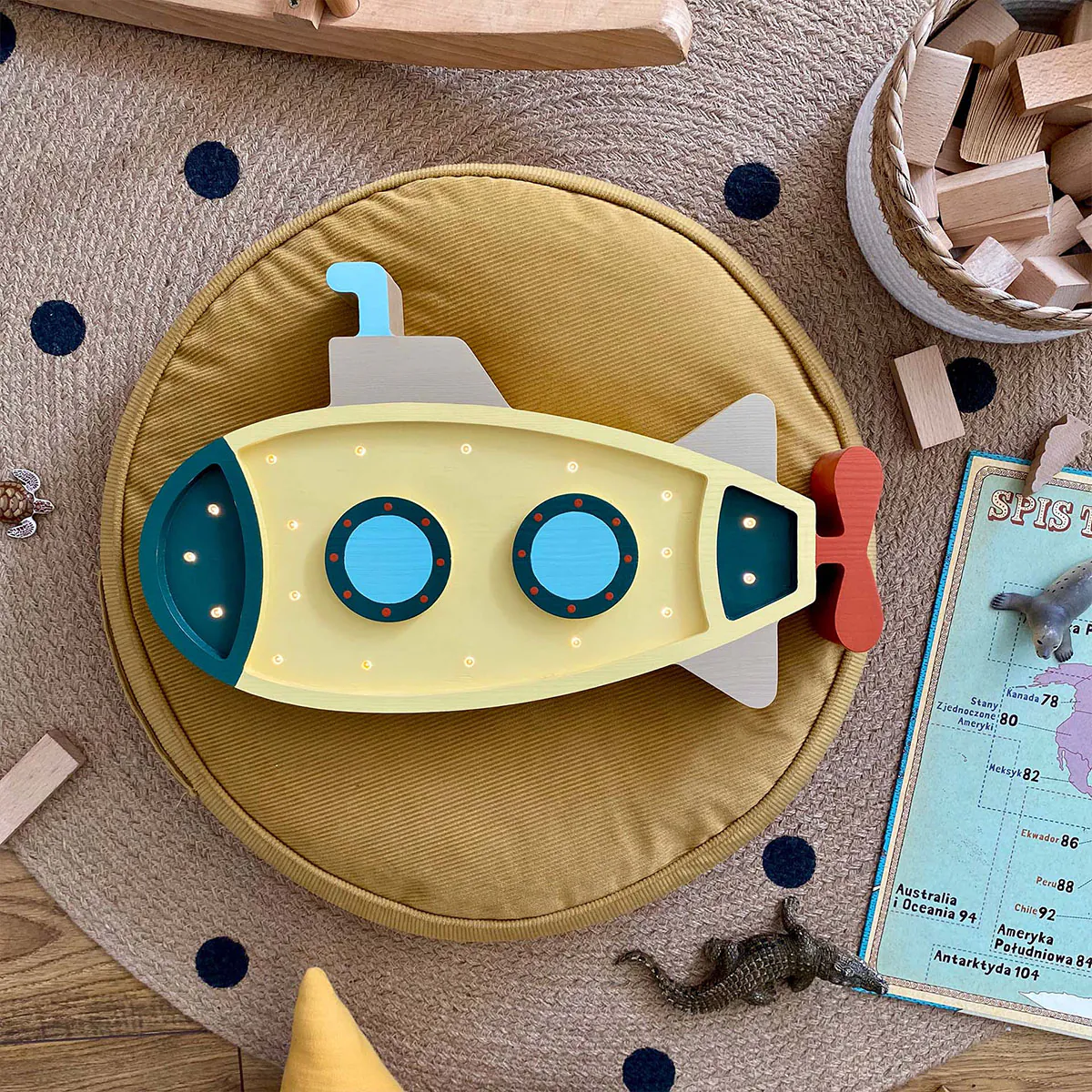 LED Kinderleuchte U-Boot aus Holz, gelb, handgemacht