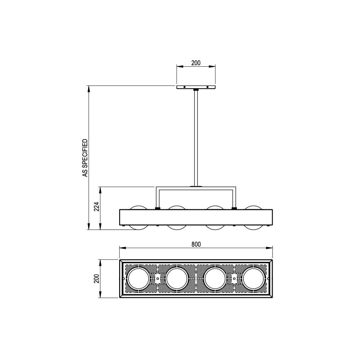 Technische Zeichnung Bert Frank Kernel Pendelleuchte, Rot, 4-flammig