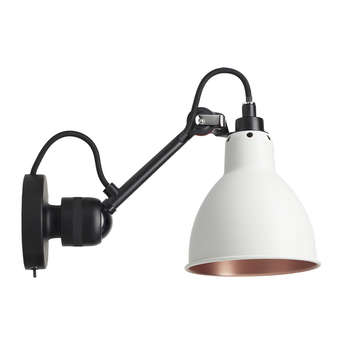 DCW Editions Lampe Gras N° 304 SW Wandleuchte, T: 15 cm Schwarz, Schirm Weiß & Kupfer Rund Schwarz Modern – exklusive Wandleuchte für Treppenhaus