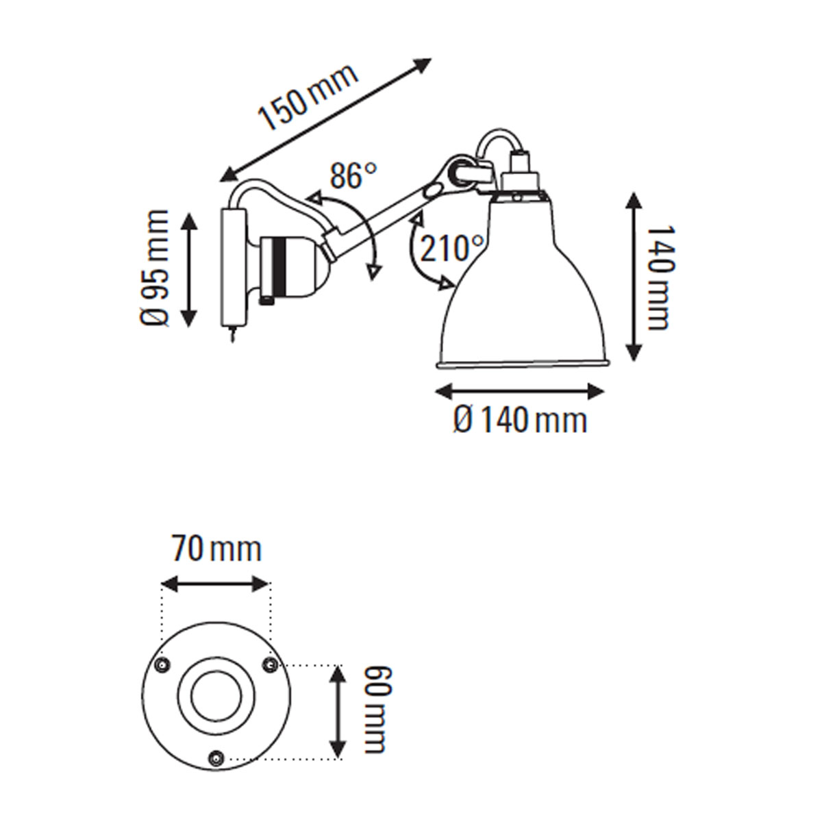 Technische Zeichnung DCW Editions Lampe Gras N° 304 SW Wandleuchte, T: 15 cm Schwarz, Schirm Gelb Konisch