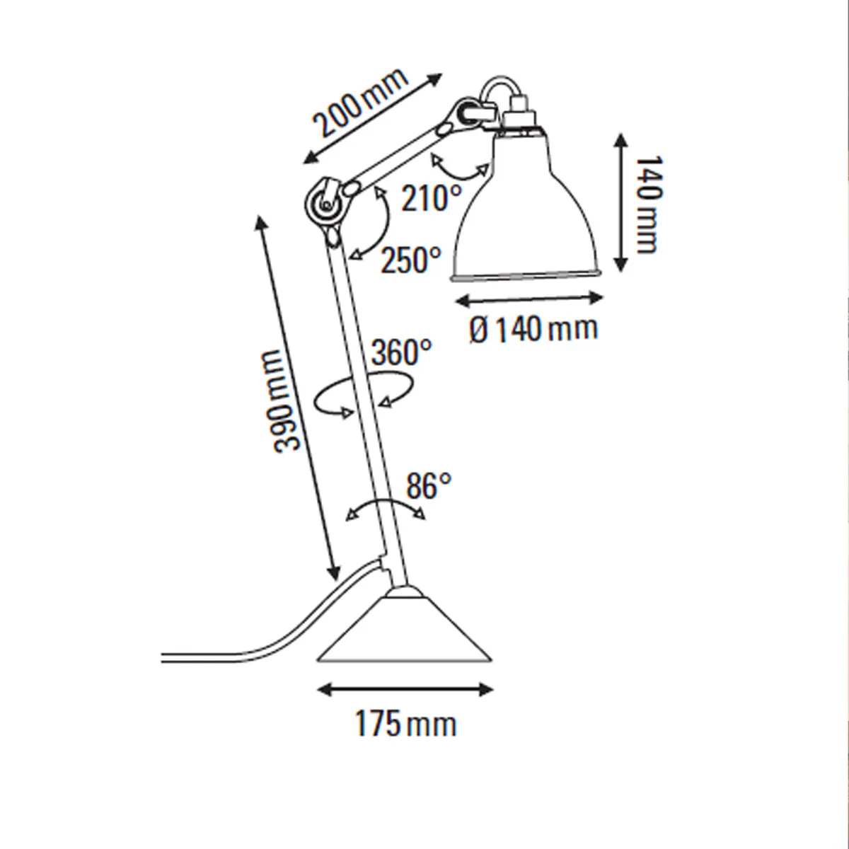 Technische Zeichnung DCW Editions Lampe Gras N° 205 Tischleuchte, H: 39 cm Schwarz, Schirm Messing Rund