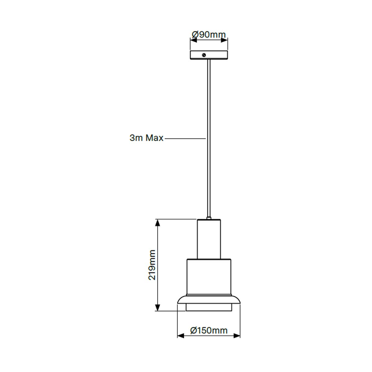 DCW Editions Chaumont 150 technische Zeichnung – Maße: Ø150 mm, Höhe 219 mm, maximale Kabellänge 3 m – technische Illustration der kompakten Pendelleuchte mit runder Deckenrosette (Ø90 mm).
