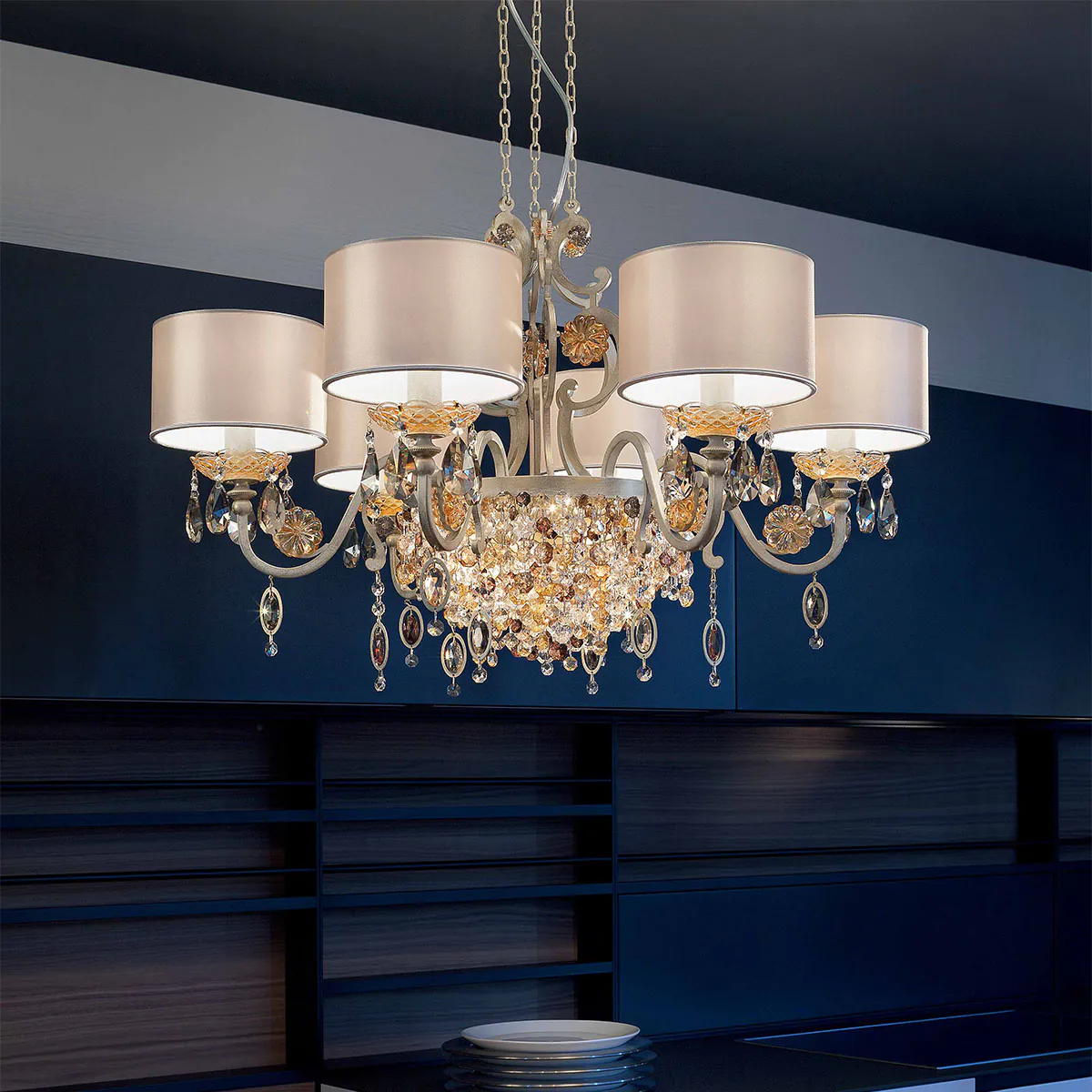 Rosemery 6 Kronleuchter, 6-flammig, Silber, Ø: 80 cm