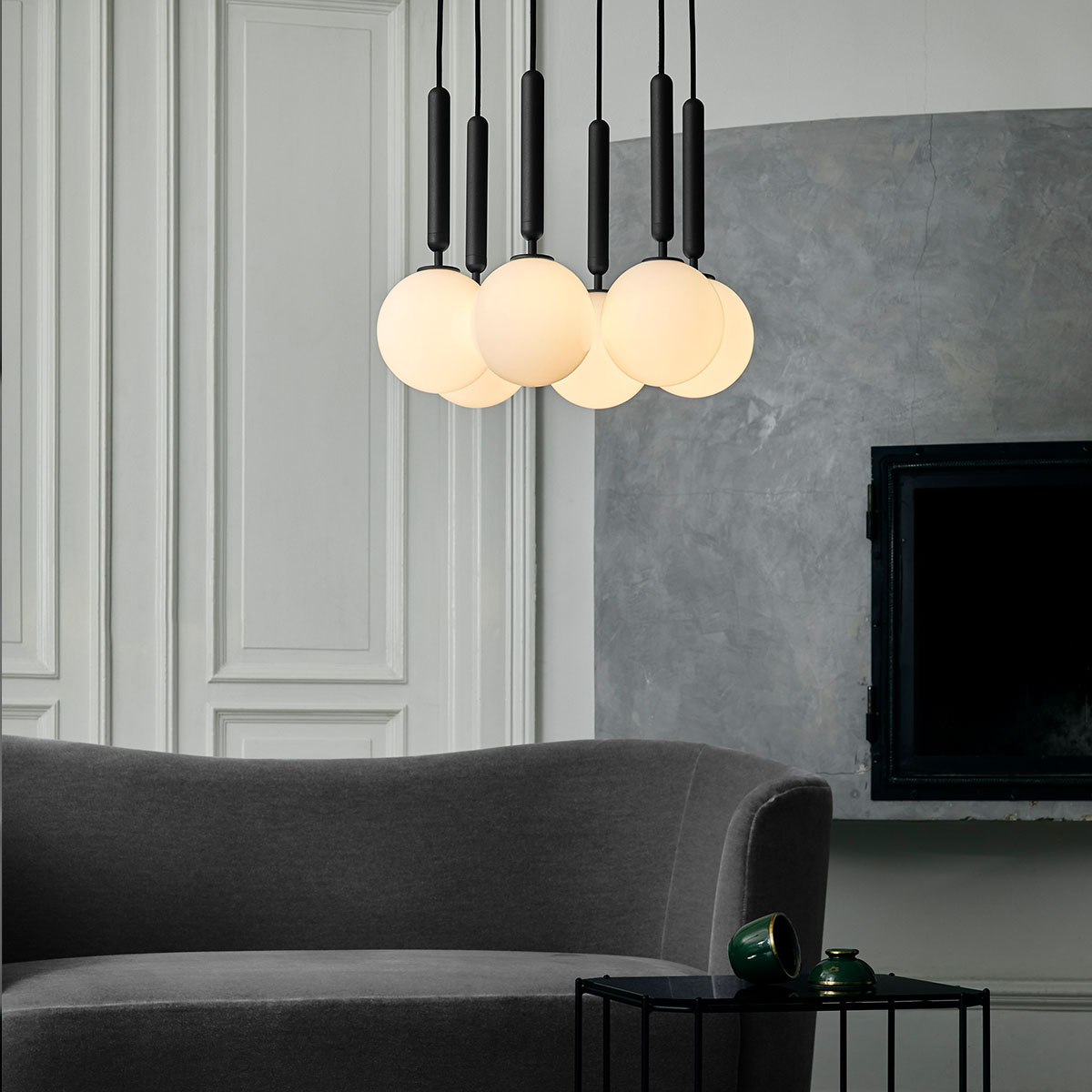 Miira 6  Pendelleuchte, Ø: 35 cm, Steingrau, Glas transparent Miira 6  Pendelleuchte, Ø: 35 cm, Messing, Opalglas