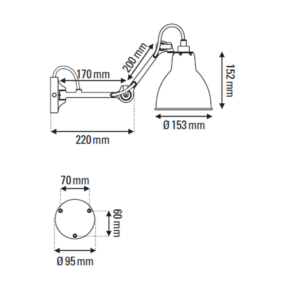 Technische Zeichnung DCW Editions Spezial Angebot Pack Duo Lampe Gras N° 204 Wandleuchte Schwarz, Schirm Polycarbonat mit Schalter