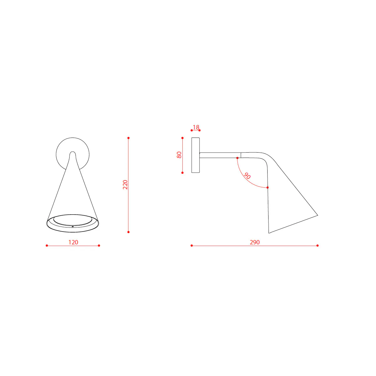 Technische Zeichnung TOOY Gordon 561.42 Wandleuchte, Schwarz Matt & Schwarz Chrom, T: 29 cm