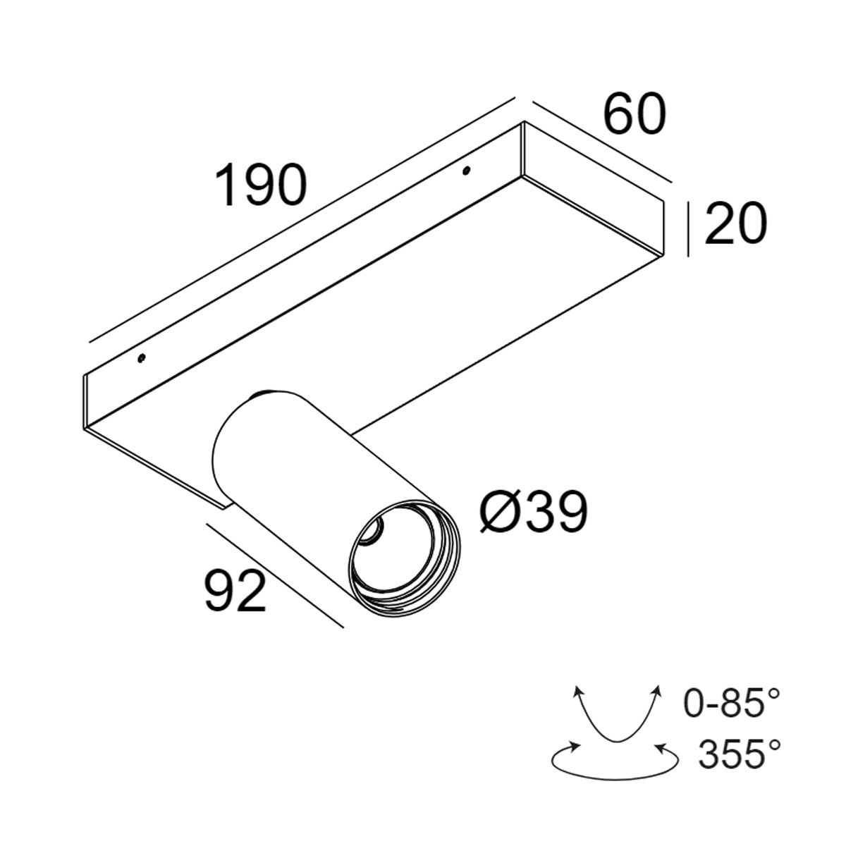 DeltaLight SPY 39 ON 1 93040 DIM8 Aufbaustrahler, Ø: 3,9 cm, L: 9,2 , Schwarz, Warmweiß 3000K, 40° Aufbaustrahler – technische Zeichnung