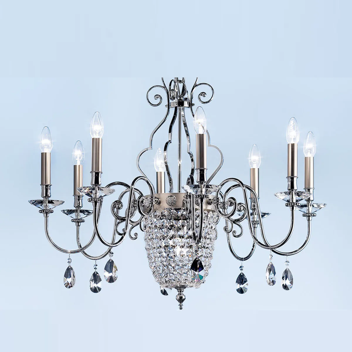 Elegantia 8+1 Kronleuchter, 8-flammig, Ø: 85 cm , Chrom glänzend & Chrom matt