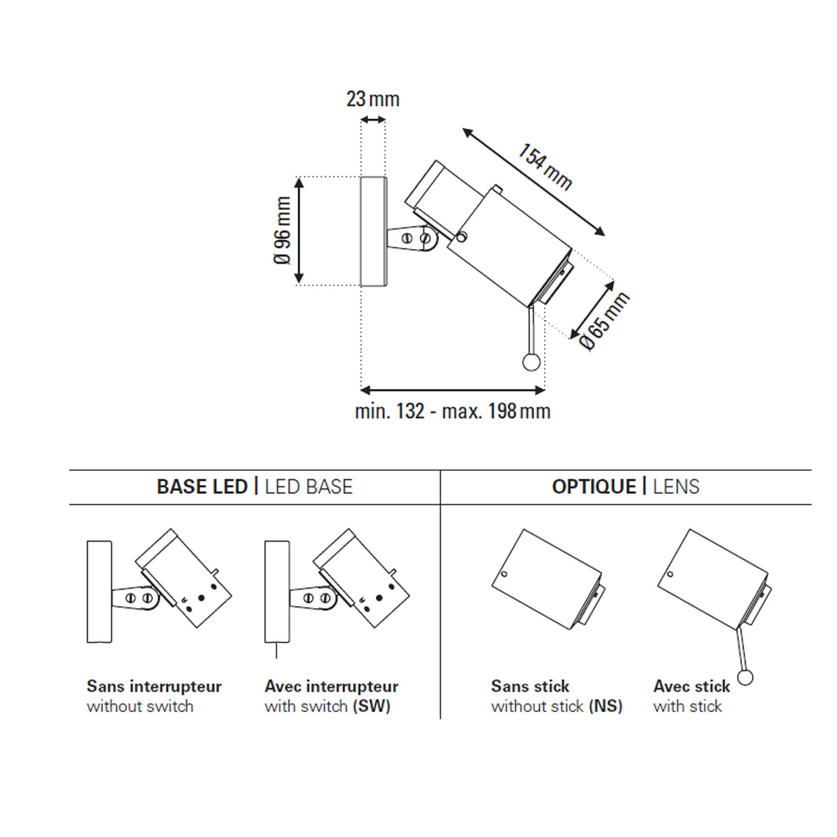 Biny Spot LED Wandleuchte, Schwarz & Nickel, mit Schalter