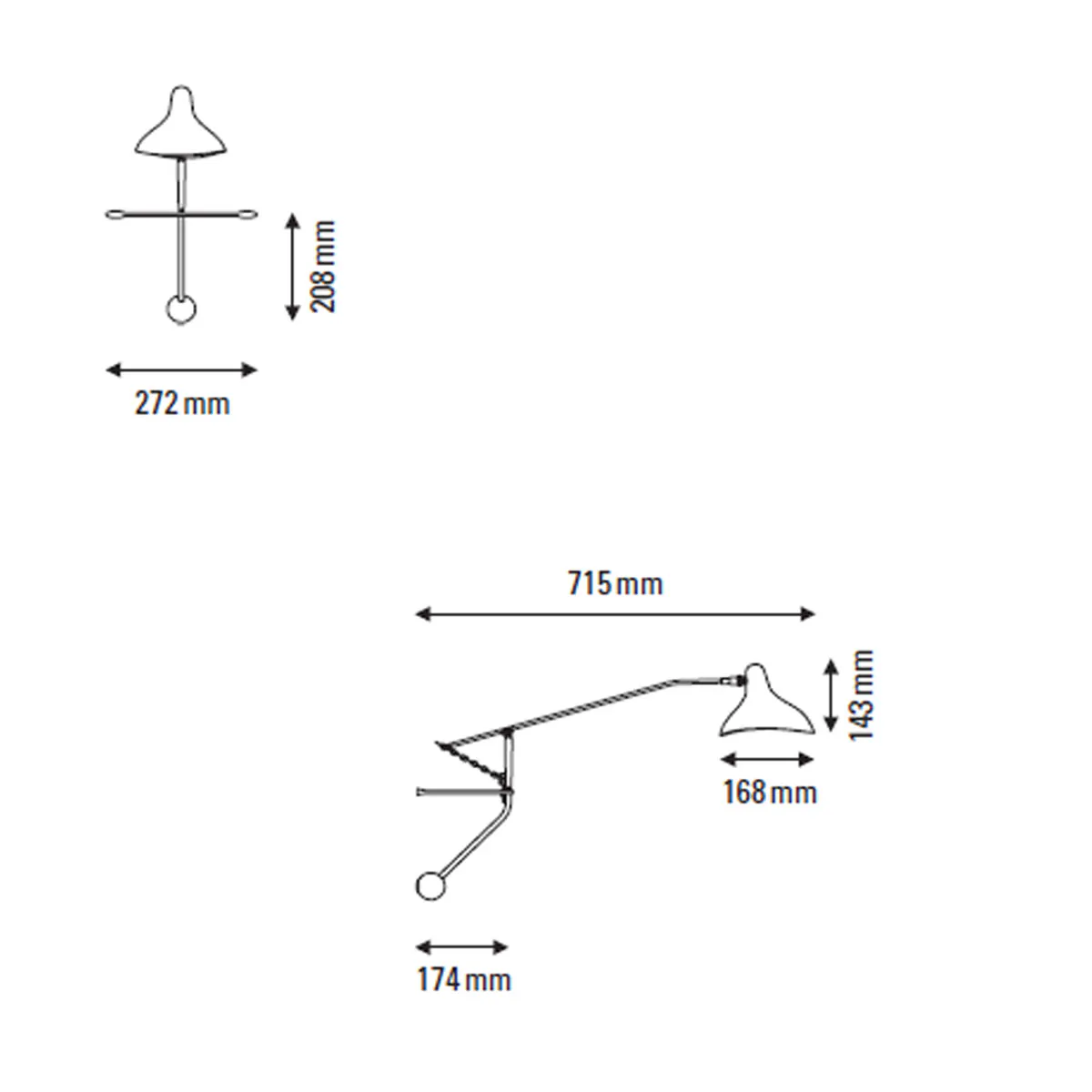 Technische Zeichnung DCW Editions Mantis BS2 Mini Wandleuchte T: 71,5 cm
