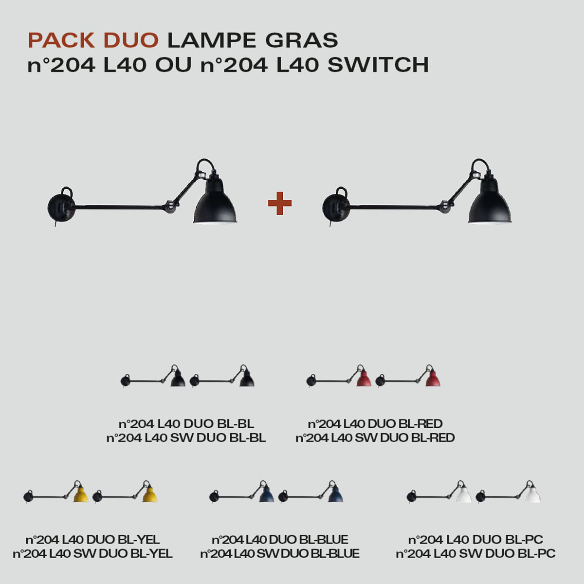 Spezial Angebot Pack Duo Lampe Gras N° 204 L40 Wandleuchte Schwarz, Schirm Polycarbonat mit Schalter