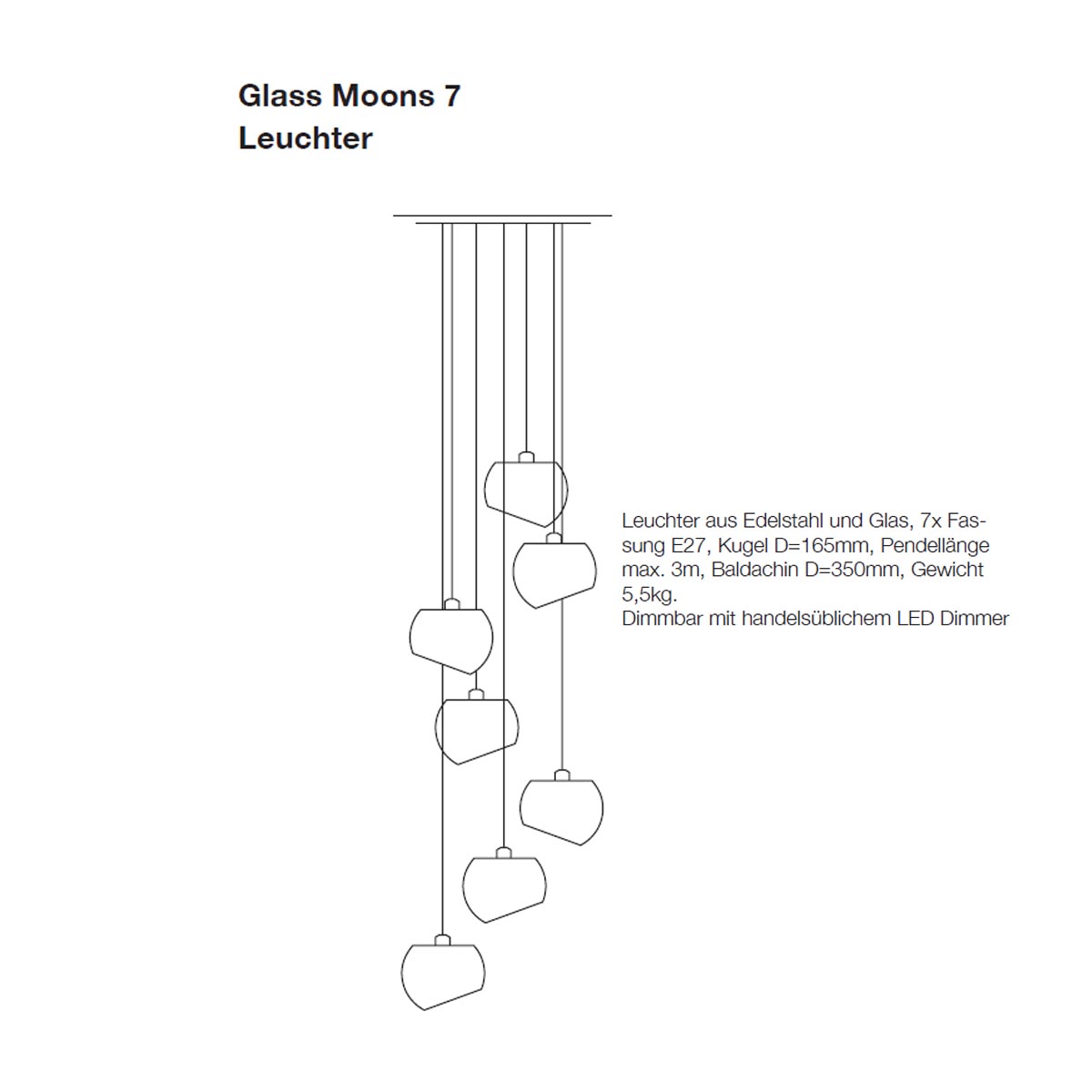 Glass Moons 7 Pendelleuchte, Ø: 16,5 cm, Fall, Edelstahl