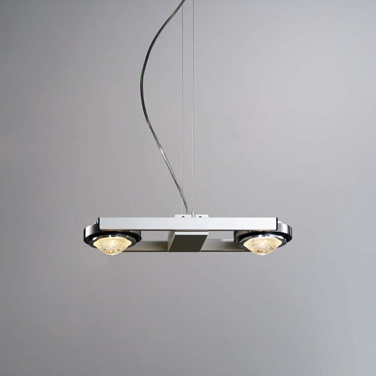 Moderne und längliche Pendelleuchte mit zwei Linsen in der Farbe weiß