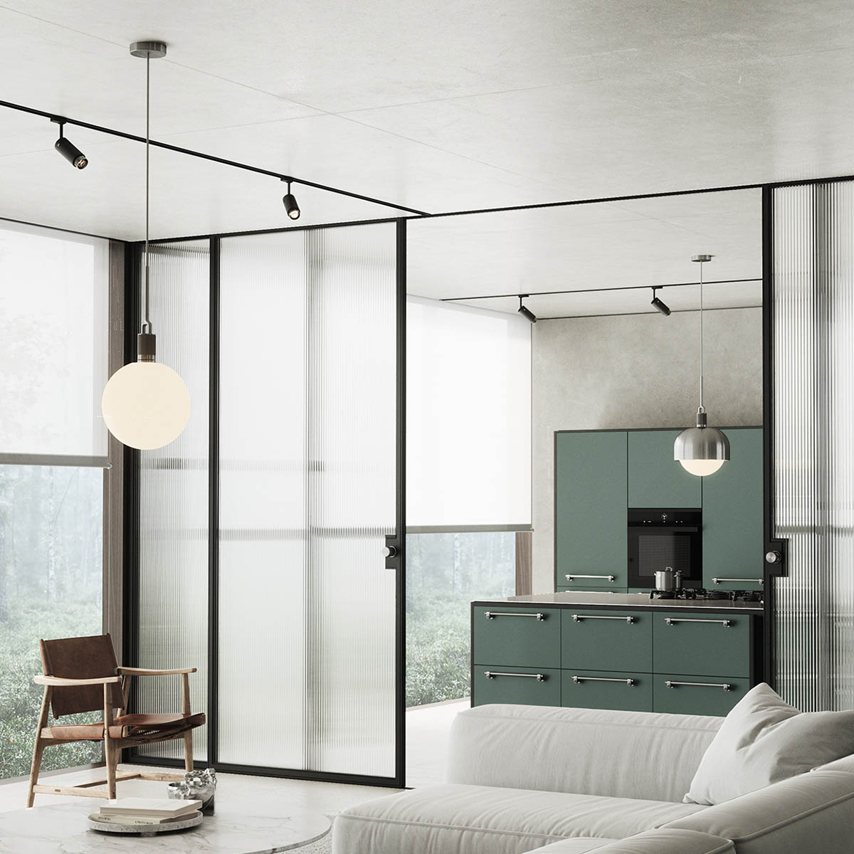 Buster + Punch Forked Pendelleuchte, Globe, Medium, Stahl / Rauchglas