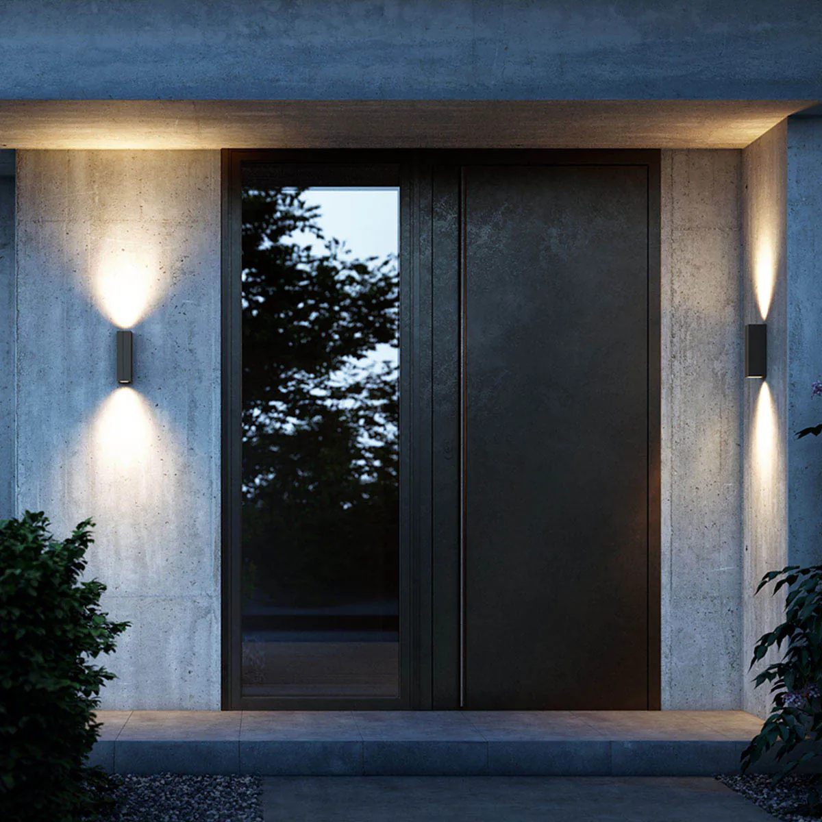 Rechteckige Wandleuchte mit Bwegeungsmelder für außen an der Wand befestigt