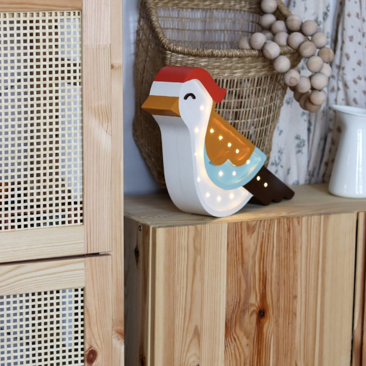 LED Kinderleuchte Vogel aus Holz, orange/ blau, handgemacht