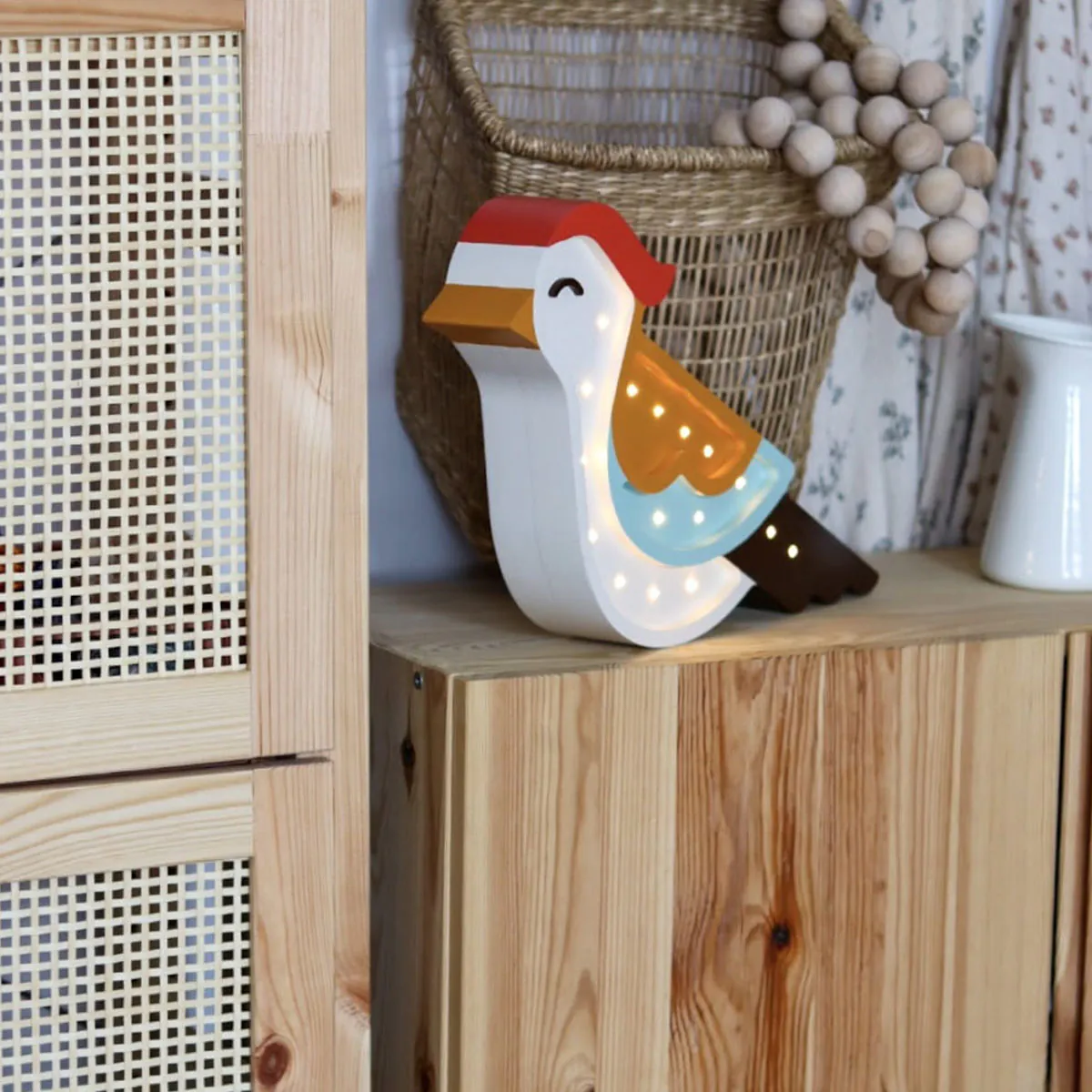 LED Kinderleuchte Vogel aus Holz, orange/ blau, handgemacht LED Kinderleuchte Vogel aus Holz, orange/ blau, handgemacht