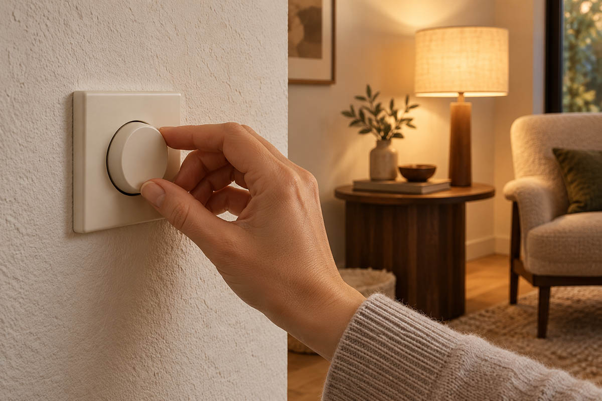 Hand bedient einen elfenbeinfarbenen Wanddimmer vor einem warm beleuchteten Wohnbereich